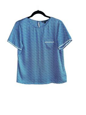 Brooks Brothers Blouse Blue Sea Waves Design White Trim Short Sleeve Classic 10